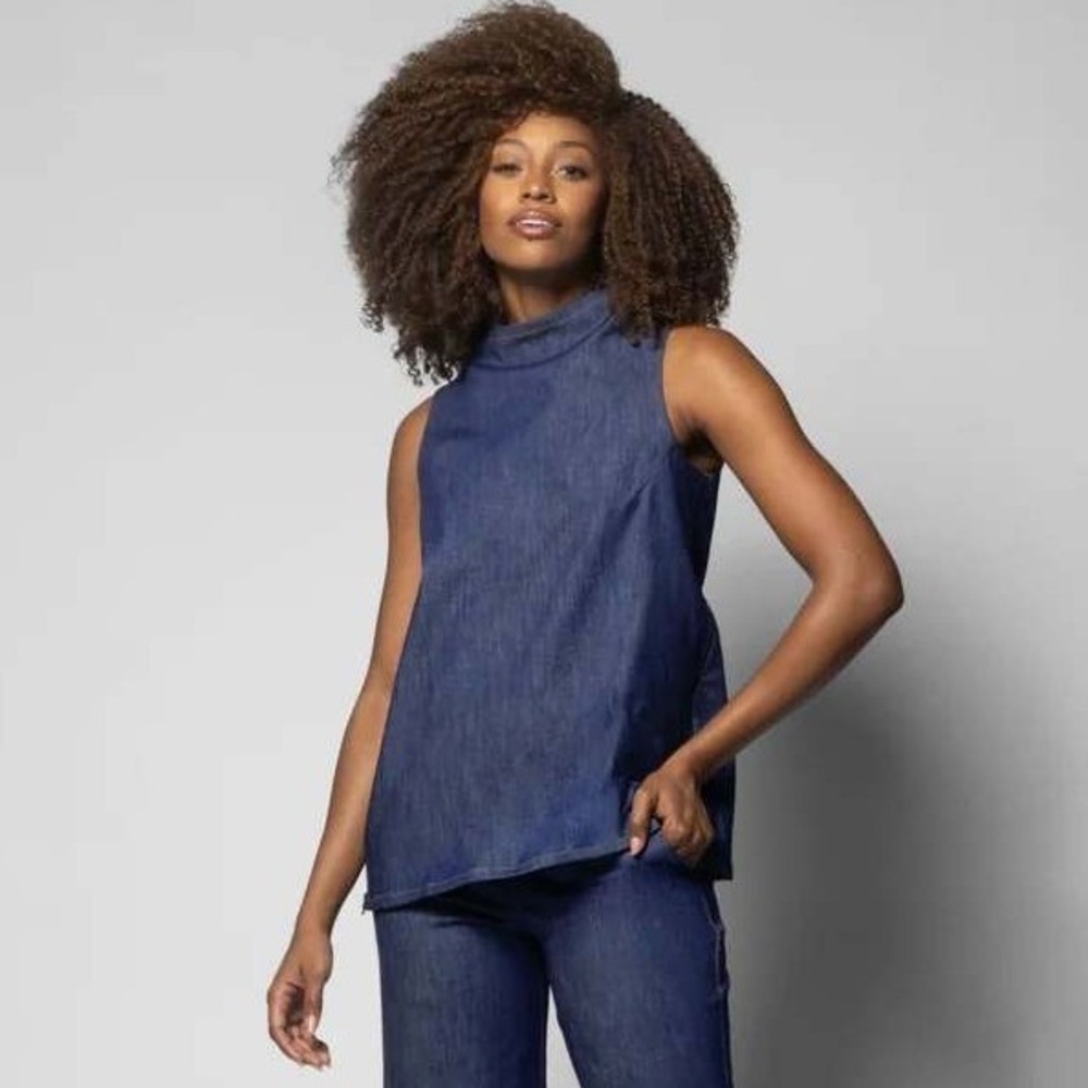 Maria Pinto Hariko Top Sleeveless Funnel Neck Side Zip Denim Blue Size Medium